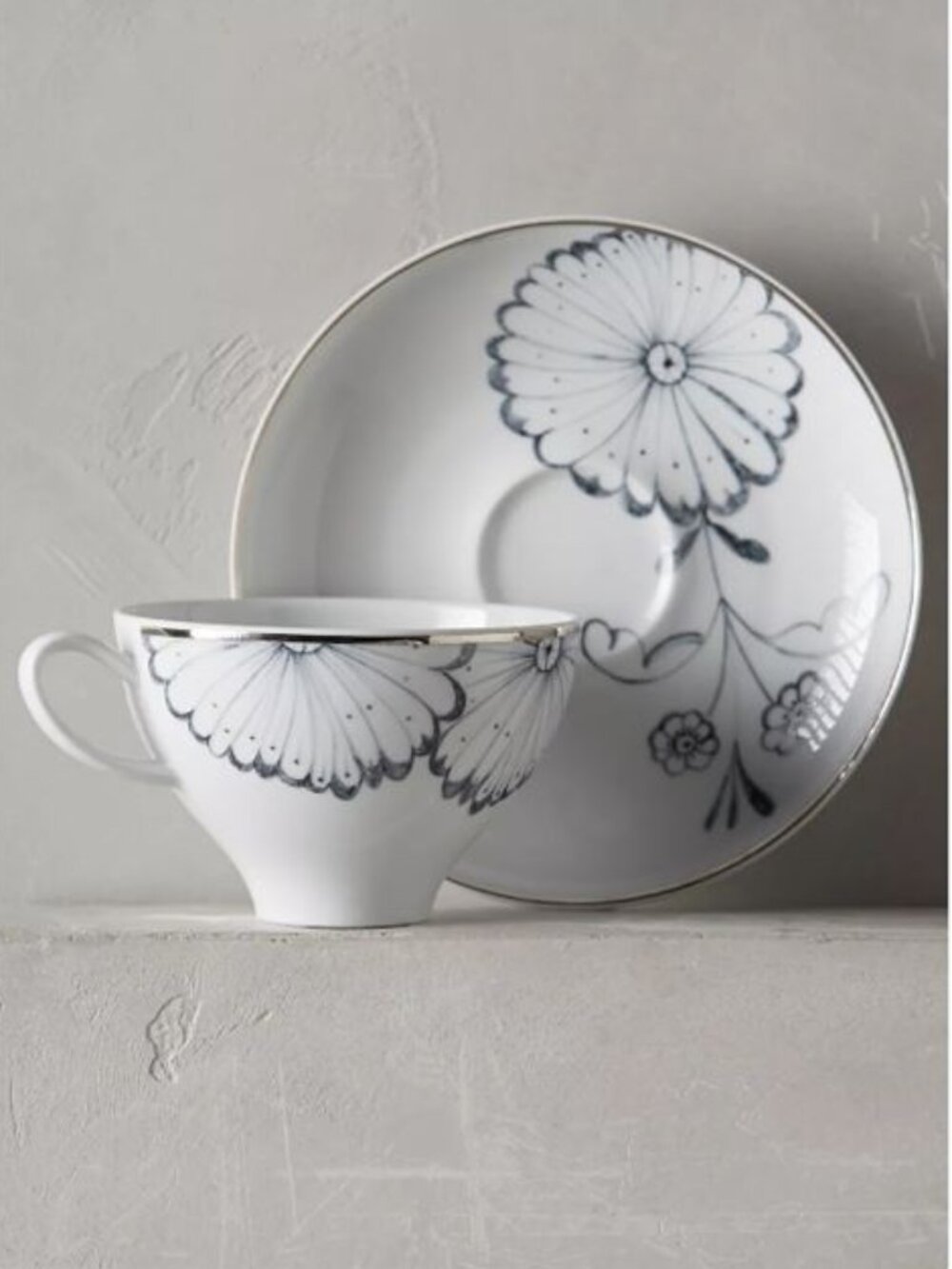 Anthropologie Greenwich Cup & Saucer Hand-Decorated Porcelain – Set of 4 - NEW